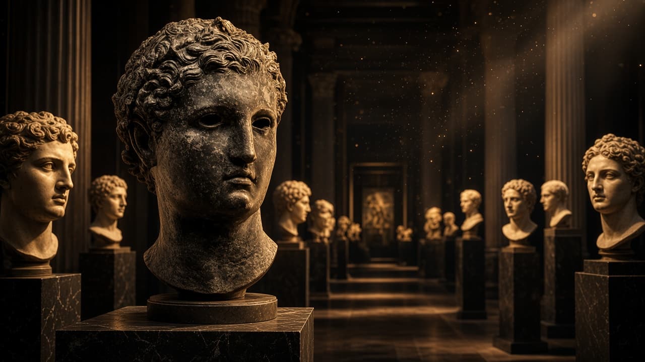 A dark hall of classical busts